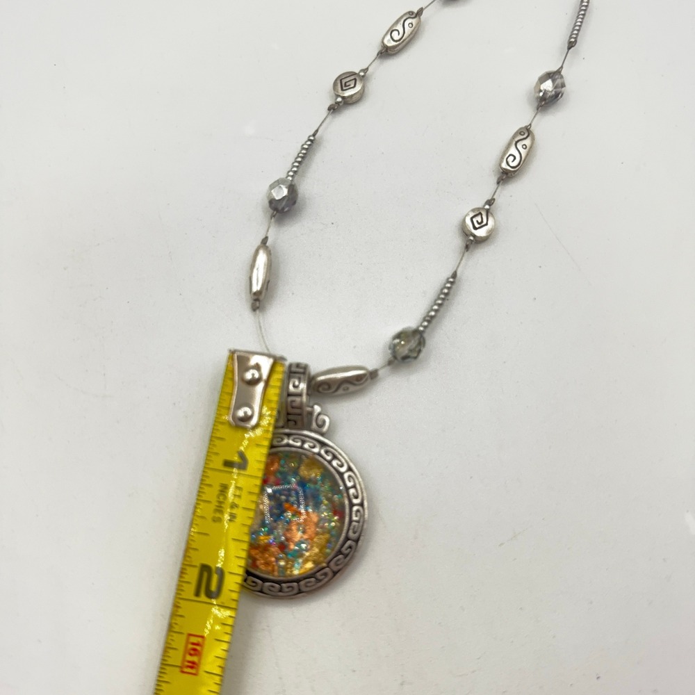 Chico's Pendant Necklace Silver Tone Multicolor Mosaic Foil Earthy Boho Artsy - Picture 12 of 13